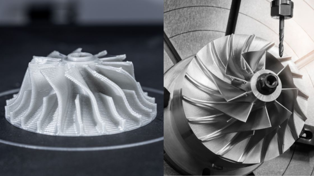 Side-by-side comparison of a 3D-printed impeller and a CNC-machined impeller, showing different manufacturing paths for similar parts.