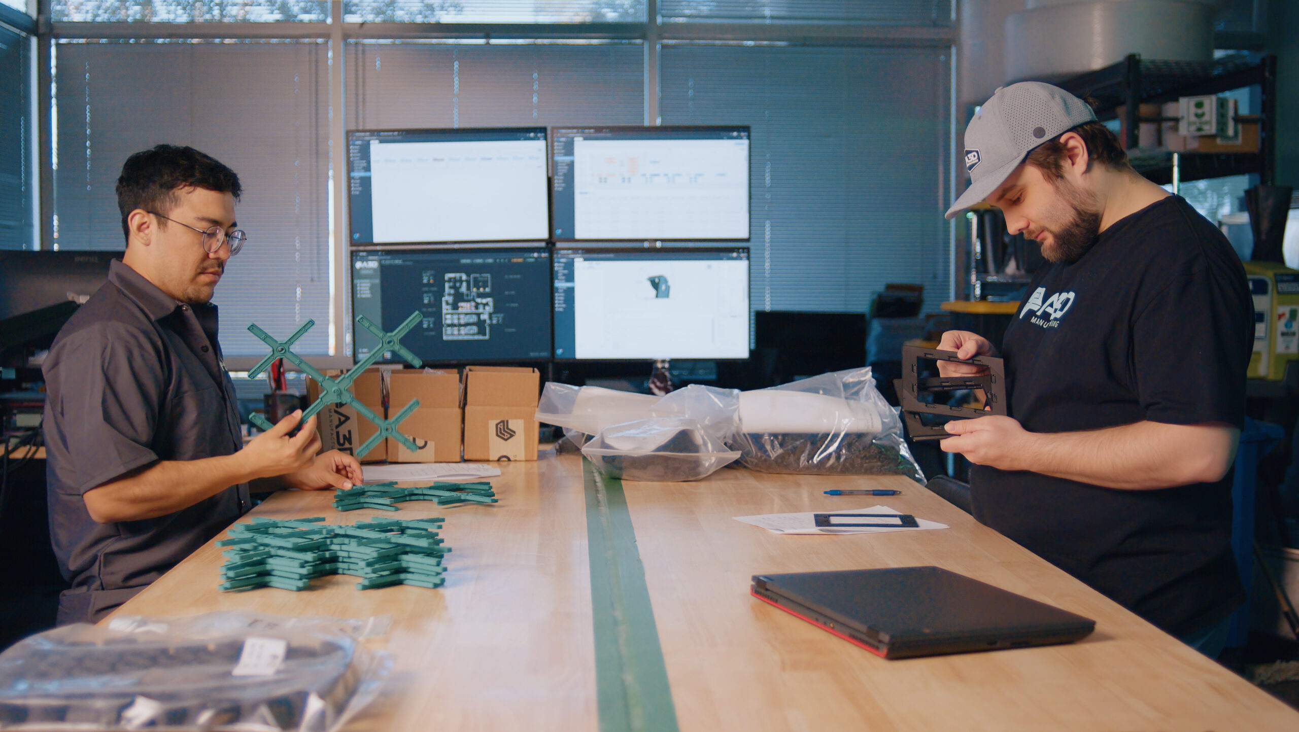 Two A3D Manufacturing team members at a workbench inspecting 3D-printed green prototype parts, with CAD models on monitors behind them.