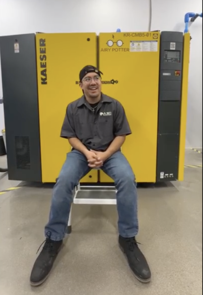 Angel at A3D, in front of the Kaeser compressor known around the shop as "Airy Potter."