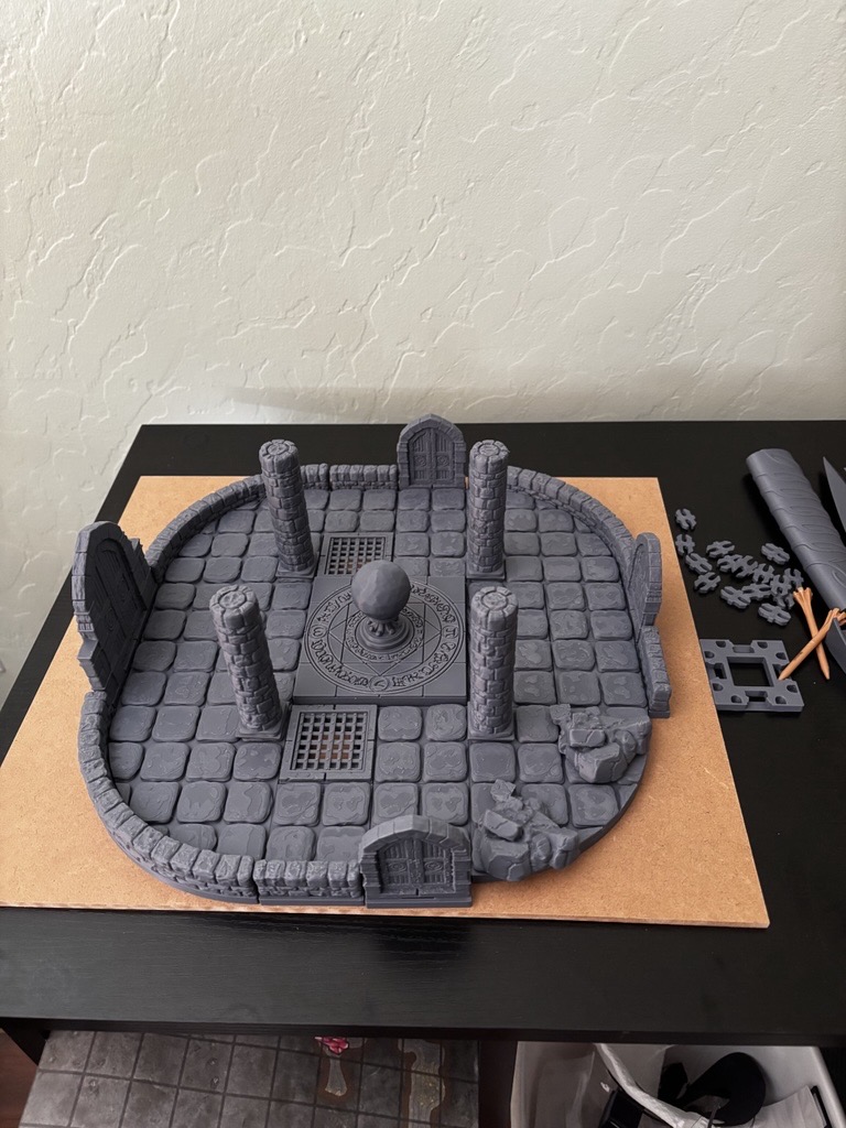 Michael's Bambu Lab H2D and recent prints — desiccant holders, D&D terrain pieces, Fellowship weapon work-in-progress