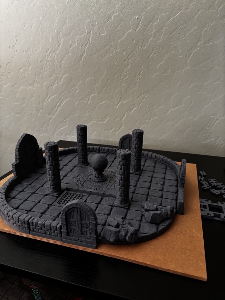 Michael's Bambu Lab H2D and recent prints — desiccant holders, D&D terrain pieces, Fellowship weapon work-in-progress